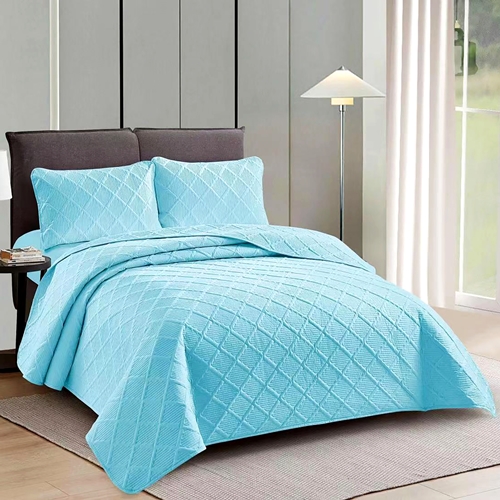 Cuvertura de pat dublu si 2 fete de perna, poliester, matlasata, 3 piese, bleu, LDP-CVR-100210 LDP-CVR-100210