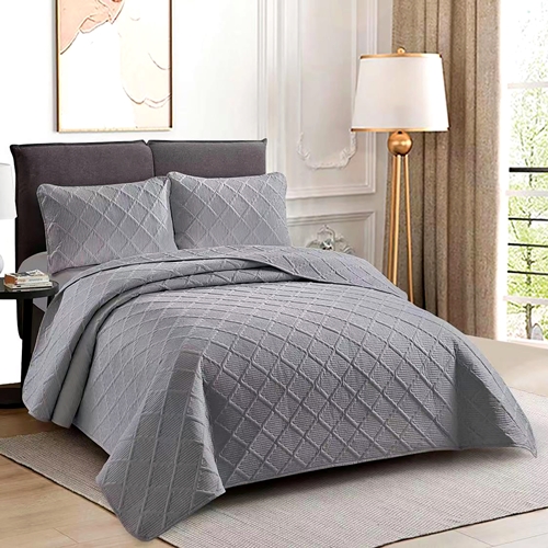 Cuvertura de pat dublu si 2 fete de perna, poliester, matlasata, 3 piese, gri, LDP-CVR-100214 LDP-CVR-100214