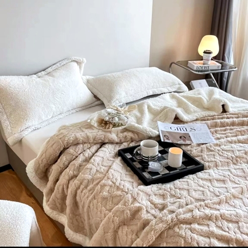 Patura cocolino cu blanita pufoasa, 200x230cm, pentru pat dublu, cappucino, Pucioasa LDP-PCB-cappucino