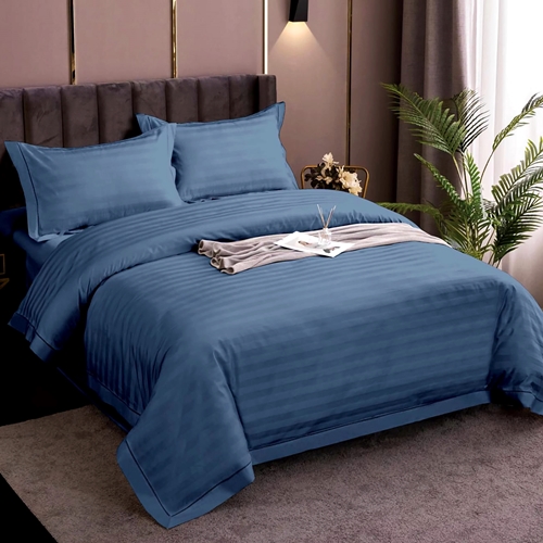 Lenjerie de pat Damasc, policoton, 4 piese, pentru pat dublu, albastra, LDP-POLI-ALBASTRA-P42 LDP-POLI-ALBASTRA-P42