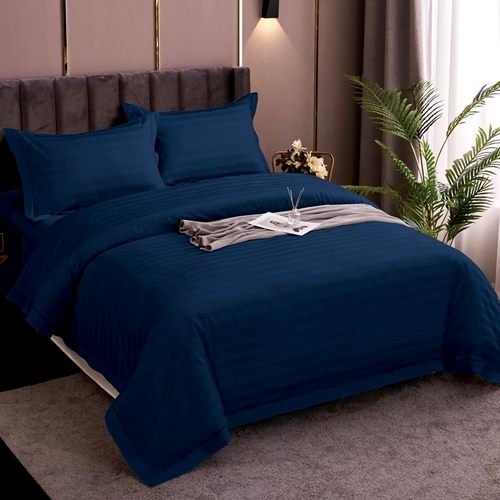Lenjerie de pat Damasc, policoton, 4 piese, pentru pat dublu, bleumarin, LDP-POLI-BLEUMARIN-P109 LDP-POLI-BLEUMARIN-P109