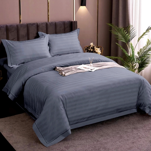 Lenjerie de pat Damasc, policoton, 4 piese, pentru pat dublu, gri inchis, LDP-POLI-GRI-INCHIS-P48 LDP-POLI-GRI-INCHIS-P48