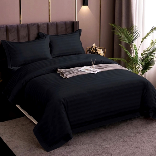 Lenjerie de pat Damasc, policoton, 4 piese, pentru pat dublu, neagra, LDP-POLI-NEAGRA-P4 LDP-POLI-NEAGRA-P4