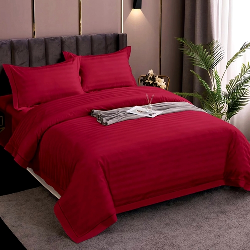 Lenjerie de pat Damasc, policoton, 4 piese, pentru pat dublu, rosie, LDP-POLI-ROSIE-P11 LDP-POLI-ROSIE-P11