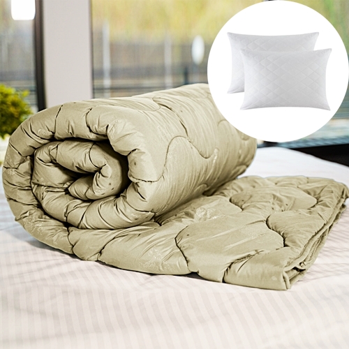 Set pilota de iarna, matlasata, umplutura lana, invelis policoton, 140x210cm, kaki + 2 perne matlasate, antialergice, 50x70cm, Pucioasa LDP-SETPP-OITA-I-KAKI-140