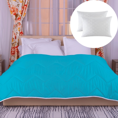 Set pilota de iarna, matlasata, umplutura lana, invelis damasc, policoton, 140x210cm, turcoaz + 2 perne matlasate, antialergice, 50x70cm, Pucioasa LDP-SETPP-POLI-I-TURCOAZ-140